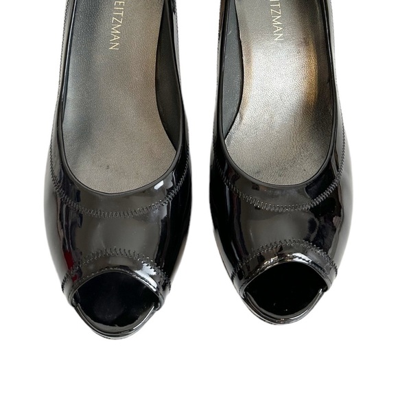 Stuart Weitzman Black Perforated Peep Toe Patent Leather Heel Pumps - Picture 6 of 12